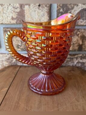 Carnival Glass Cream Pitcher Marigold Basket Weave Ribbed Pedestal About 6” Tall
